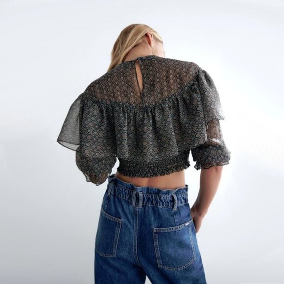 NWT Zara black metallic thread printed crop blouse, M - Picture 4 of 12